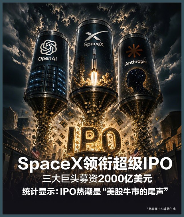 SpaceX领衔超级IPO,三大巨头募资2000亿美元!统计显示:IPO热潮是“美股牛市的尾声”